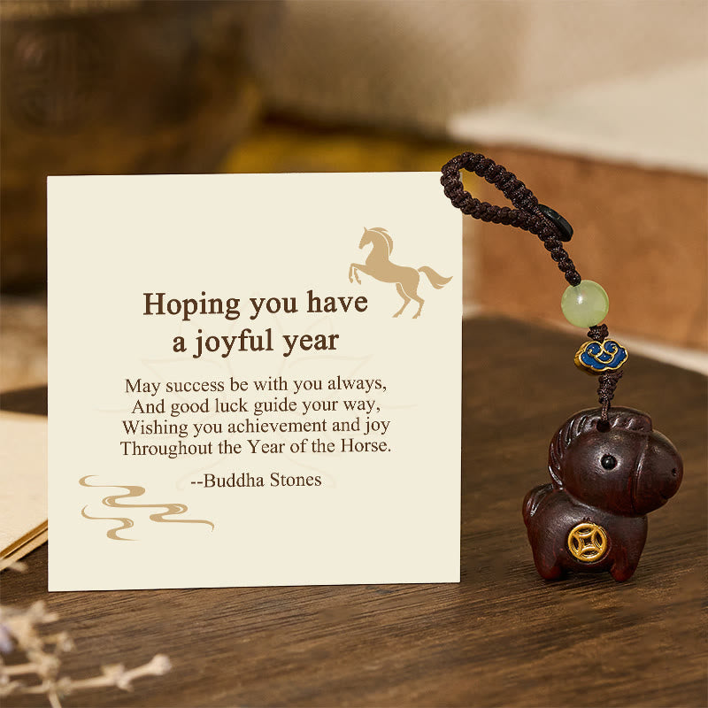 Wear FengShui "Hoping You Have a Joyful Year" Year of the Horse Rainbow Eucalyptus Small Leaf Red Sandalwood Key Chain Includes Gift Message Card