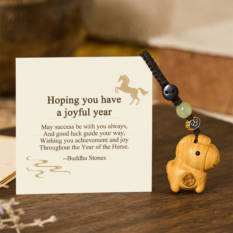Wear FengShui "Hoping You Have a Joyful Year" Year of the Horse Rainbow Eucalyptus Small Leaf Red Sandalwood Key Chain Includes Gift Message Card