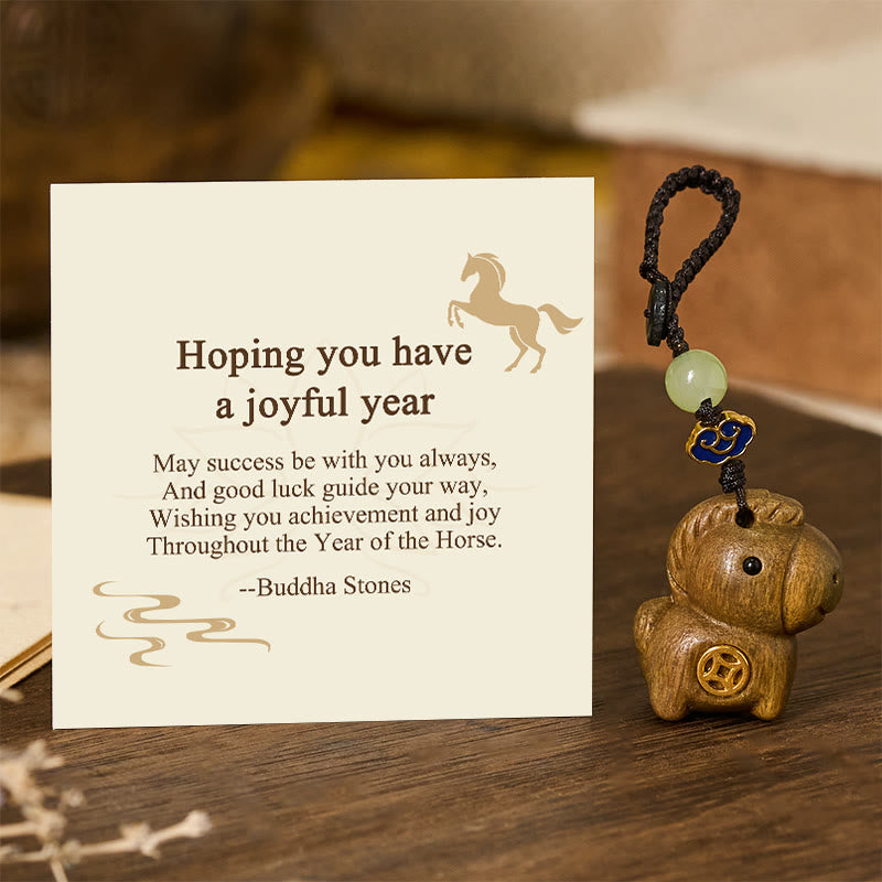 Wear FengShui "Hoping You Have a Joyful Year" Year of the Horse Rainbow Eucalyptus Small Leaf Red Sandalwood Key Chain Includes Gift Message Card