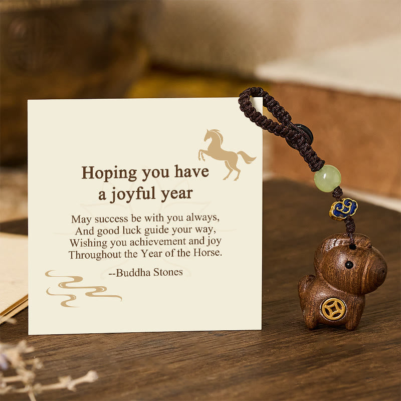 Wear FengShui "Hoping You Have a Joyful Year" Year of the Horse Rainbow Eucalyptus Small Leaf Red Sandalwood Key Chain Includes Gift Message Card