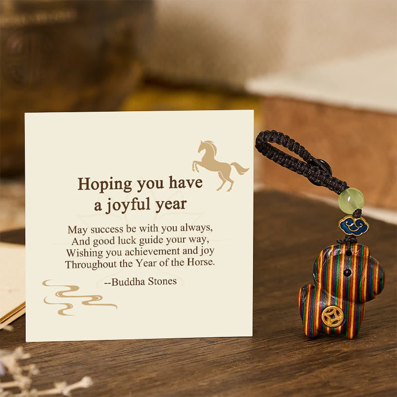 Wear FengShui "Hoping You Have a Joyful Year" Year of the Horse Rainbow Eucalyptus Small Leaf Red Sandalwood Key Chain Includes Gift Message Card