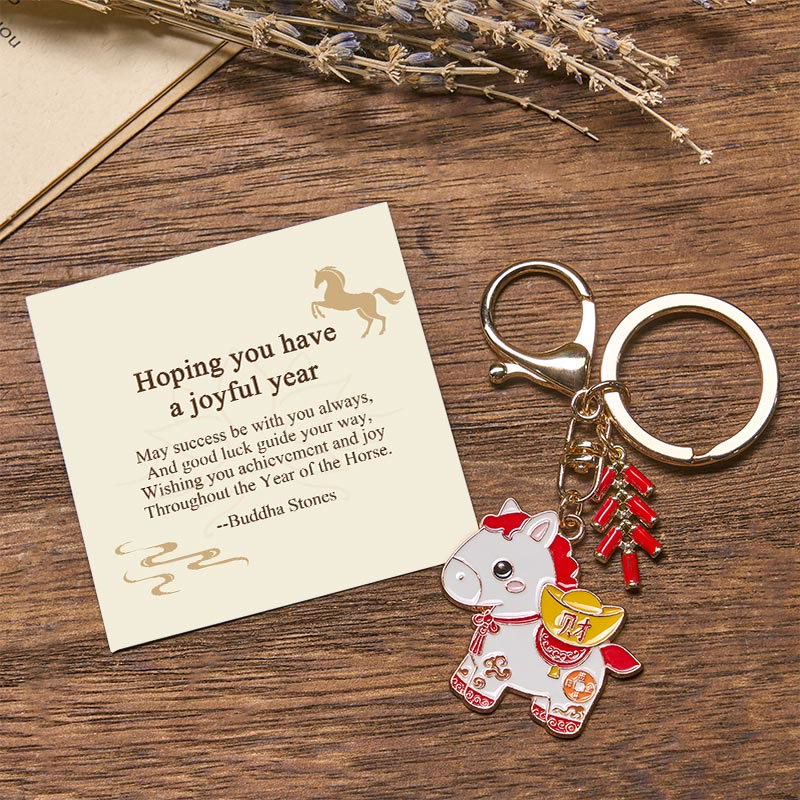 Wear FengShui "Hoping You Have a Joyful Year" Year of the Horse Ingot Red Firecrackers Alloy Key Chain Includes Gift Message Card