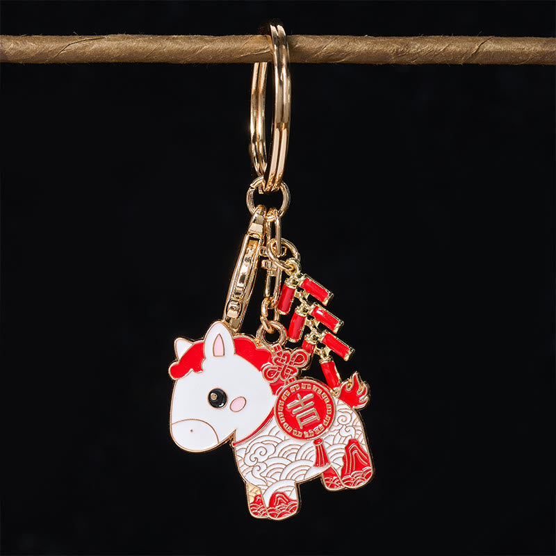 Wear FengShui "Hoping You Have a Joyful Year" Year of the Horse Ingot Red Firecrackers Alloy Key Chain Includes Gift Message Card