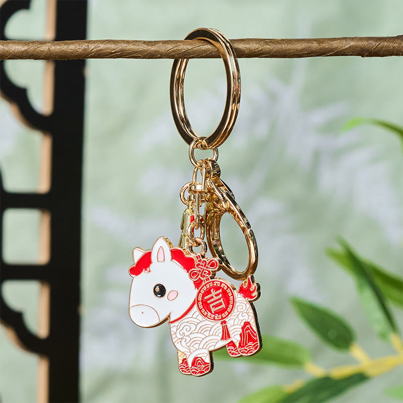 Wear FengShui "Hoping You Have a Joyful Year" Year of the Horse Ingot Red Firecrackers Alloy Key Chain Includes Gift Message Card