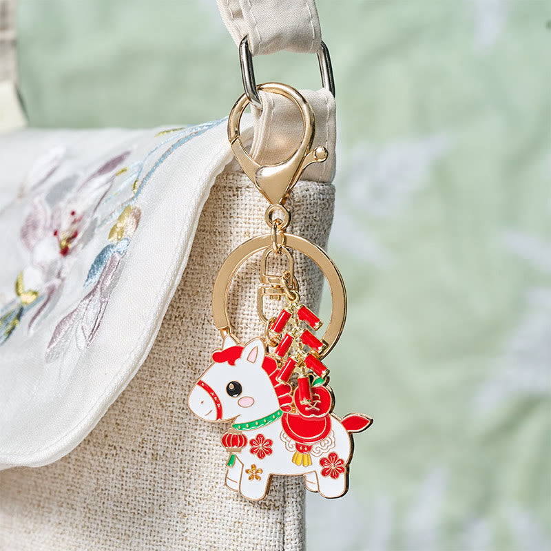 Wear FengShui "Hoping You Have a Joyful Year" Year of the Horse Ingot Red Firecrackers Alloy Key Chain Includes Gift Message Card