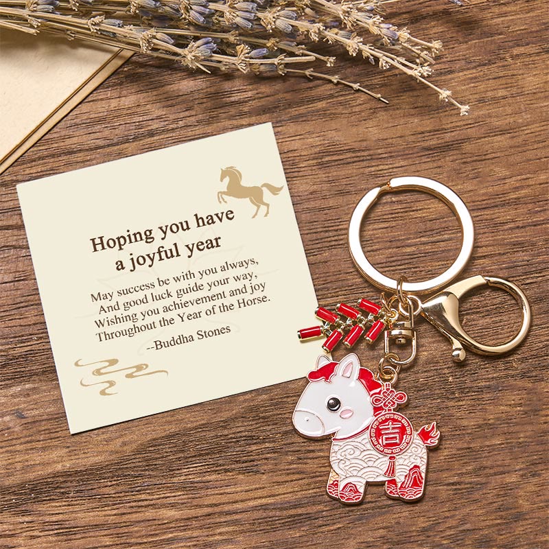 Wear FengShui "Hoping You Have a Joyful Year" Year of the Horse Ingot Red Firecrackers Alloy Key Chain Includes Gift Message Card