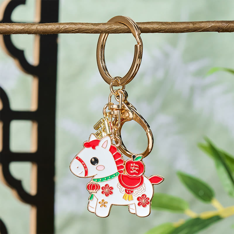 Wear FengShui "Hoping You Have a Joyful Year" Year of the Horse Ingot Red Firecrackers Alloy Key Chain Includes Gift Message Card