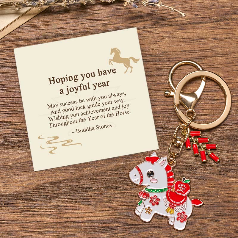 Wear FengShui "Hoping You Have a Joyful Year" Year of the Horse Ingot Red Firecrackers Alloy Key Chain Includes Gift Message Card