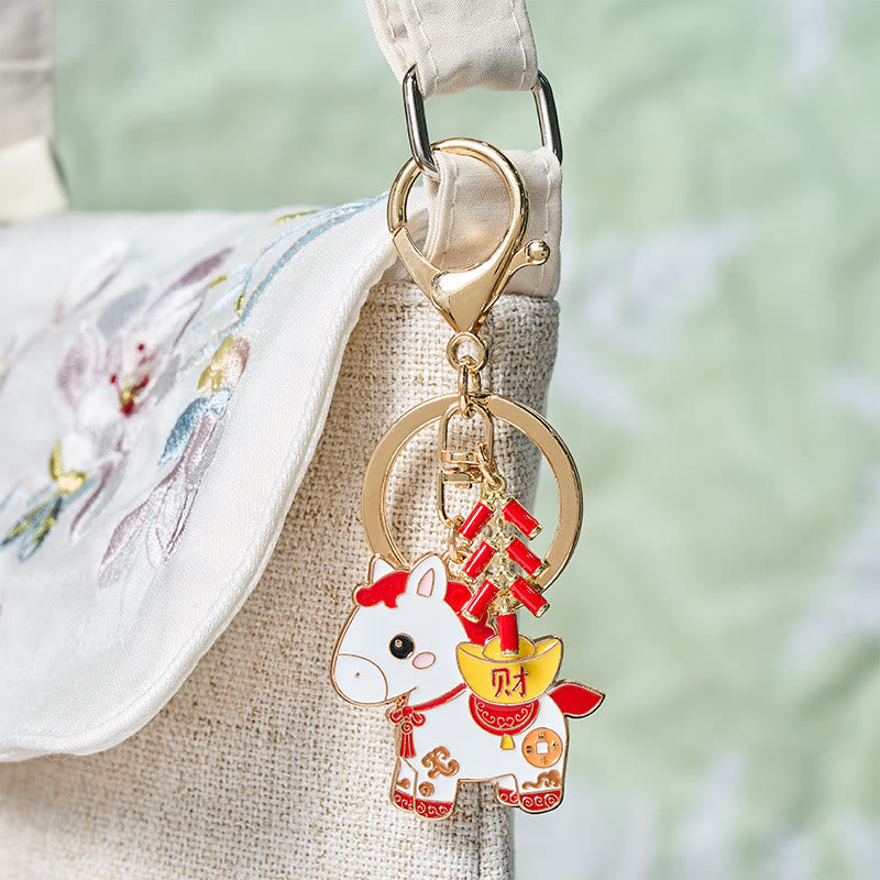 Wear FengShui "Hoping You Have a Joyful Year" Year of the Horse Ingot Red Firecrackers Alloy Key Chain Includes Gift Message Card