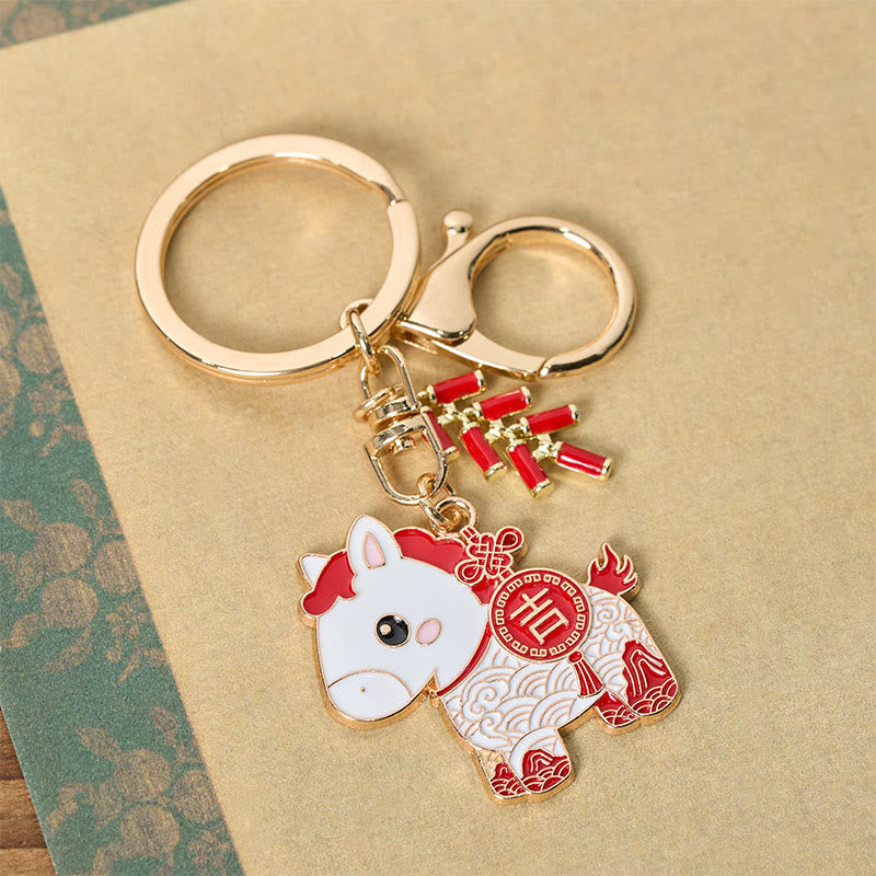 Wear FengShui "Hoping You Have a Joyful Year" Year of the Horse Ingot Red Firecrackers Alloy Key Chain Includes Gift Message Card