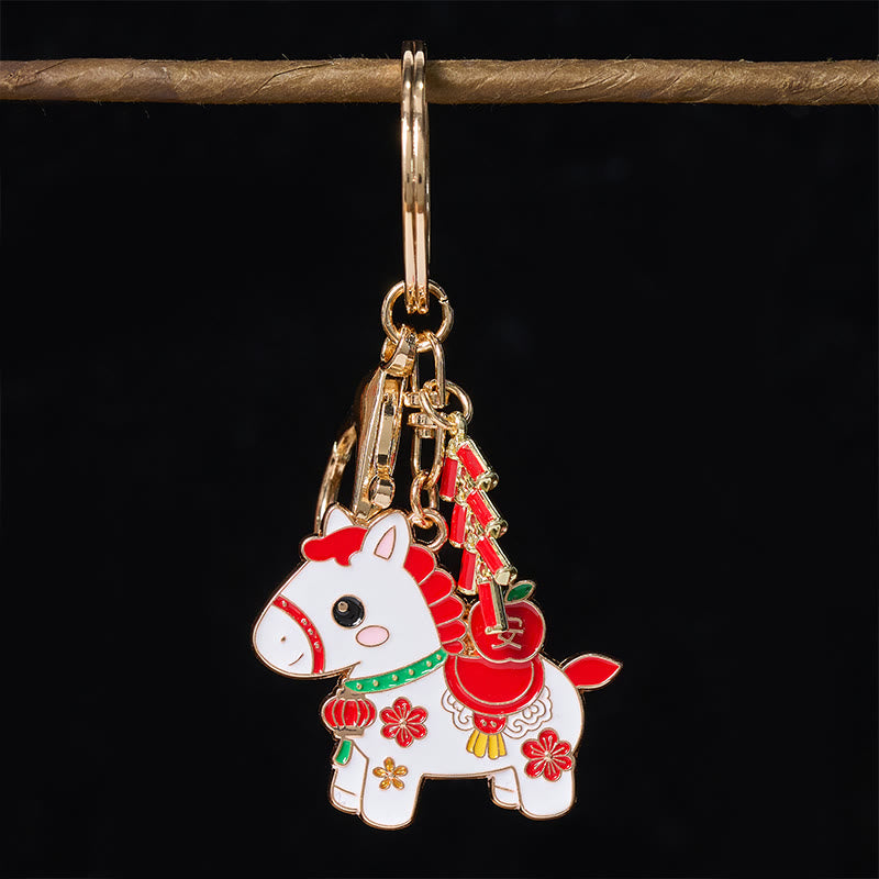 Wear FengShui "Hoping You Have a Joyful Year" Year of the Horse Ingot Red Firecrackers Alloy Key Chain Includes Gift Message Card