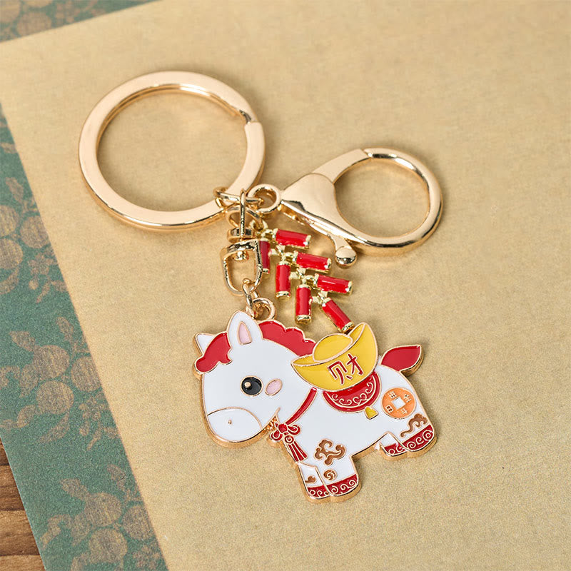 Wear FengShui "Hoping You Have a Joyful Year" Year of the Horse Ingot Red Firecrackers Alloy Key Chain Includes Gift Message Card