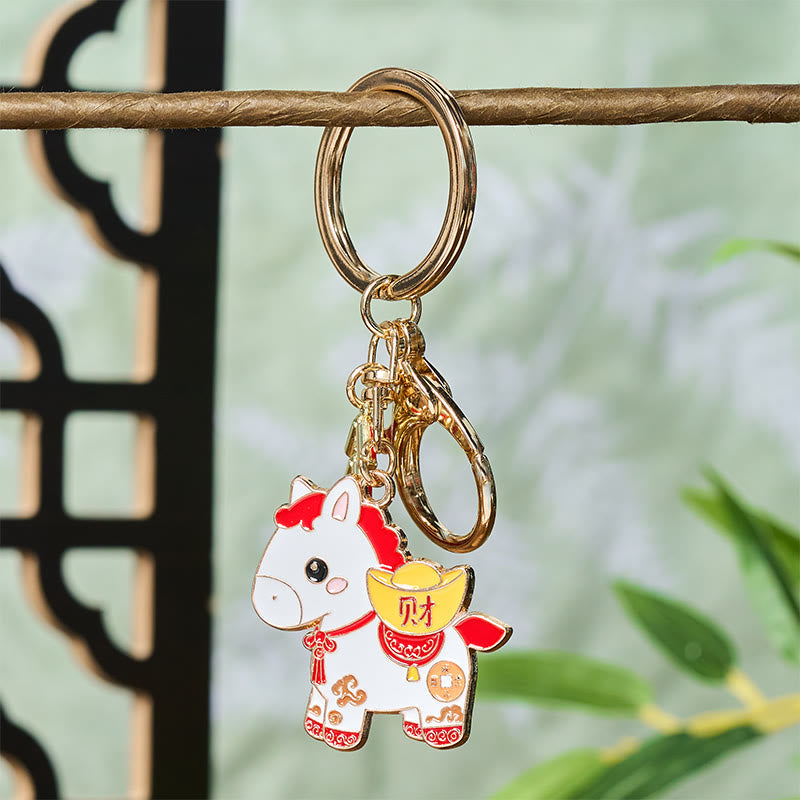 Wear FengShui "Hoping You Have a Joyful Year" Year of the Horse Ingot Red Firecrackers Alloy Key Chain Includes Gift Message Card