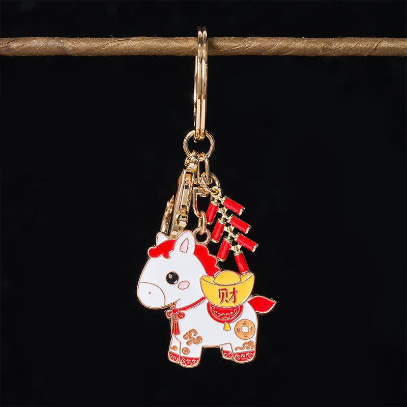 Wear FengShui "Hoping You Have a Joyful Year" Year of the Horse Ingot Red Firecrackers Alloy Key Chain Includes Gift Message Card