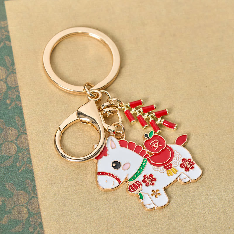 Wear FengShui "Hoping You Have a Joyful Year" Year of the Horse Ingot Red Firecrackers Alloy Key Chain Includes Gift Message Card
