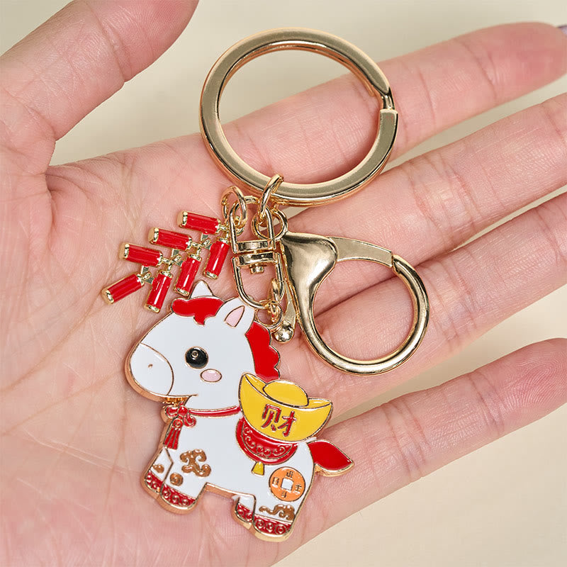 Wear FengShui "Hoping You Have a Joyful Year" Year of the Horse Ingot Red Firecrackers Alloy Key Chain Includes Gift Message Card