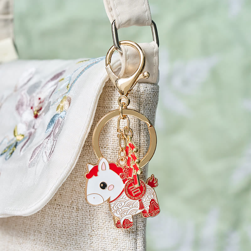 Wear FengShui "Hoping You Have a Joyful Year" Year of the Horse Ingot Red Firecrackers Alloy Key Chain Includes Gift Message Card