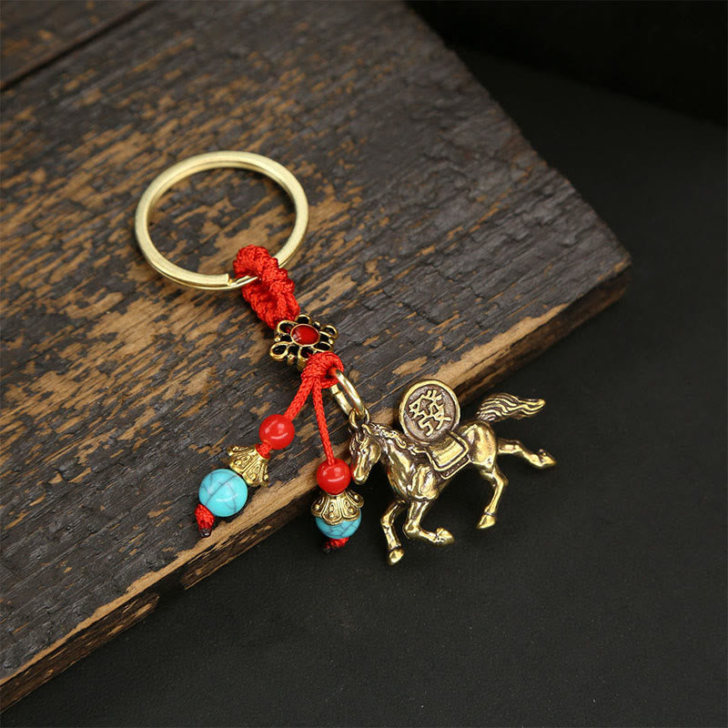 Wear FengShui Year Of The Horse Copper Brass Five-Emperor Coins Wealth Key Chain