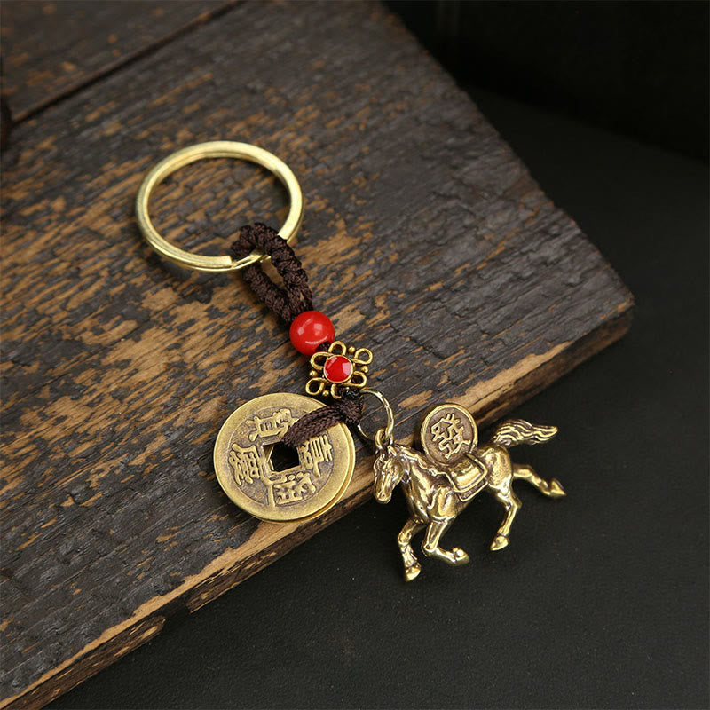 Wear FengShui Year Of The Horse Copper Brass Five-Emperor Coins Wealth Key Chain