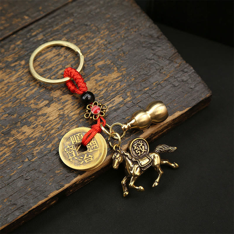 Wear FengShui Year Of The Horse Copper Brass Five-Emperor Coins Wealth Key Chain