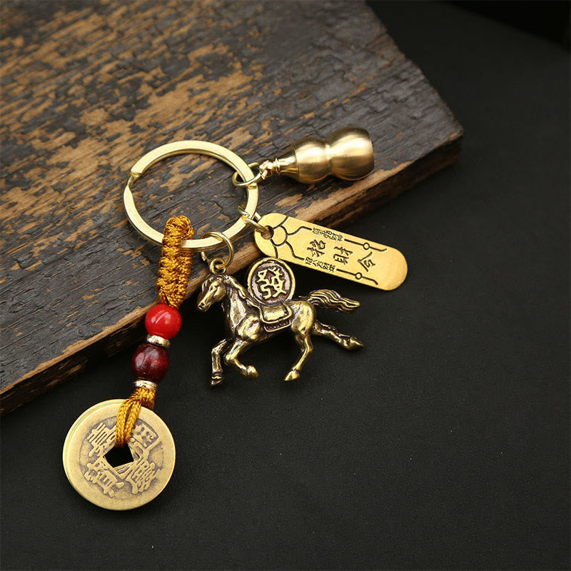 Wear FengShui Year Of The Horse Copper Brass Five-Emperor Coins Wealth Key Chain