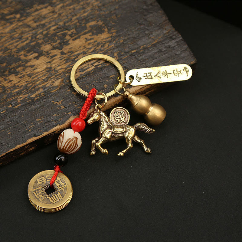 Wear FengShui Year Of The Horse Copper Brass Five-Emperor Coins Wealth Key Chain