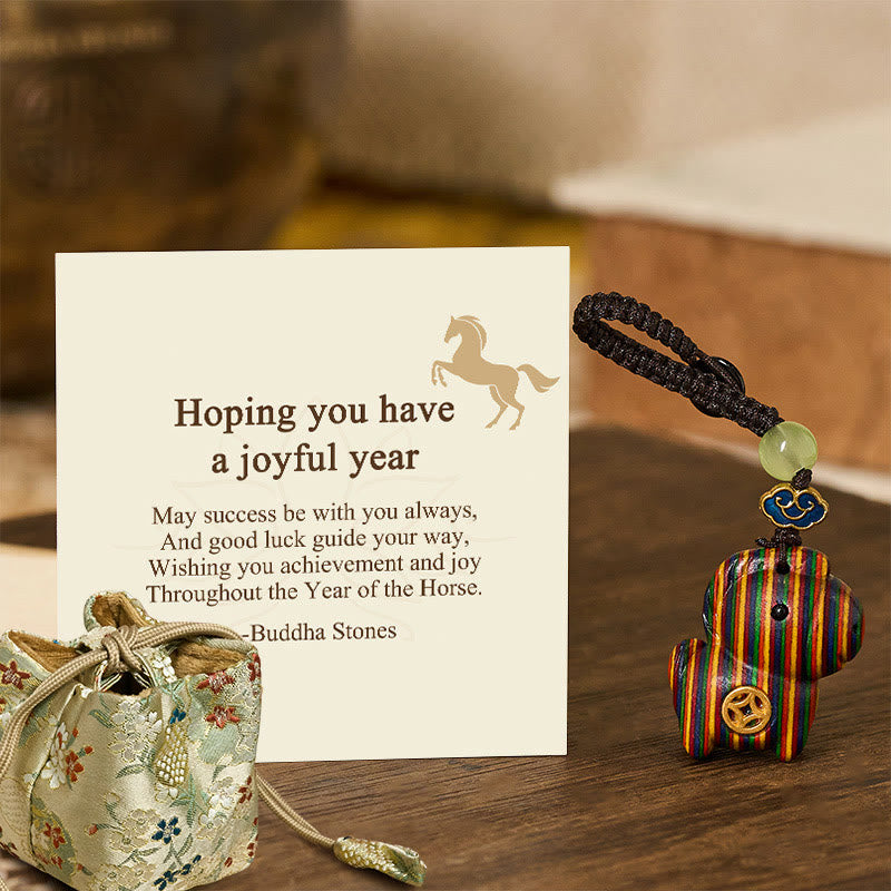 Wear FengShui "Hoping You Have a Joyful Year" Year of the Horse Rainbow Eucalyptus Small Leaf Red Sandalwood Key Chain Includes Gift Message Card