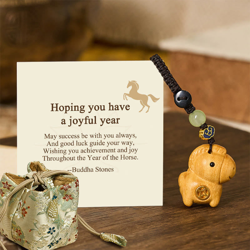Wear FengShui "Hoping You Have a Joyful Year" Year of the Horse Rainbow Eucalyptus Small Leaf Red Sandalwood Key Chain Includes Gift Message Card