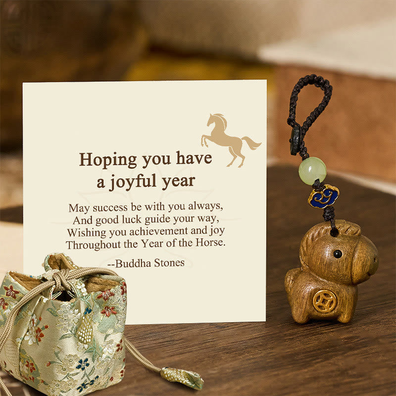 Wear FengShui "Hoping You Have a Joyful Year" Year of the Horse Rainbow Eucalyptus Small Leaf Red Sandalwood Key Chain Includes Gift Message Card