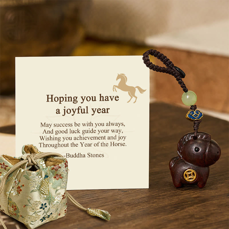 Wear FengShui "Hoping You Have a Joyful Year" Year of the Horse Rainbow Eucalyptus Small Leaf Red Sandalwood Key Chain Includes Gift Message Card