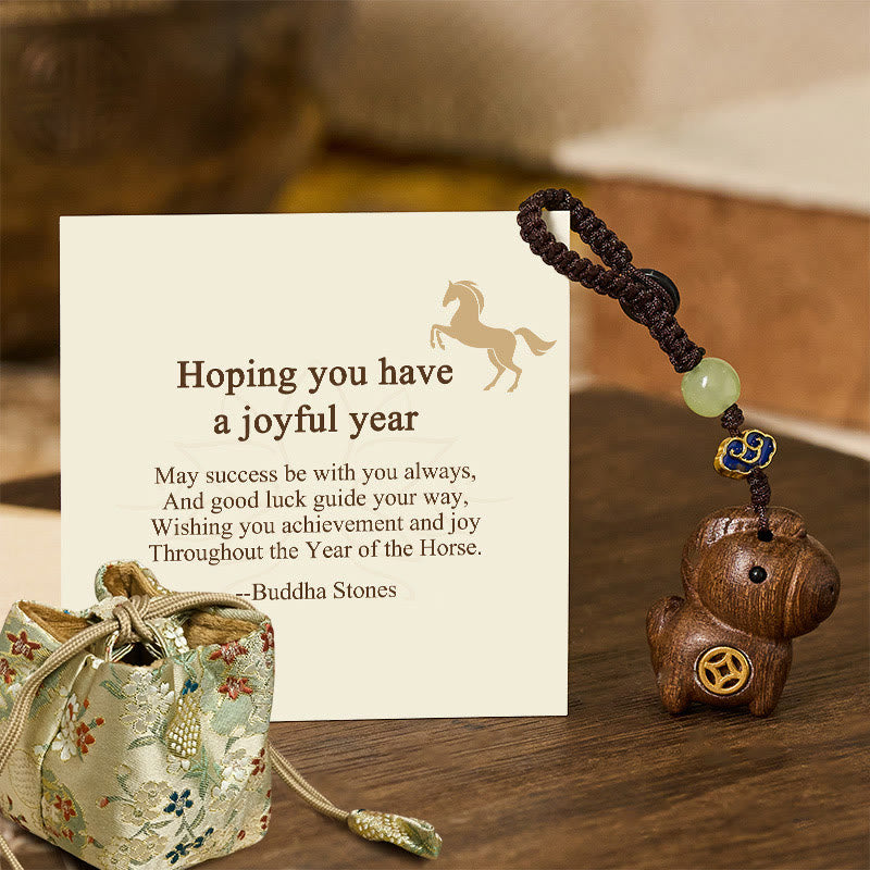 Wear FengShui "Hoping You Have a Joyful Year" Year of the Horse Rainbow Eucalyptus Small Leaf Red Sandalwood Key Chain Includes Gift Message Card