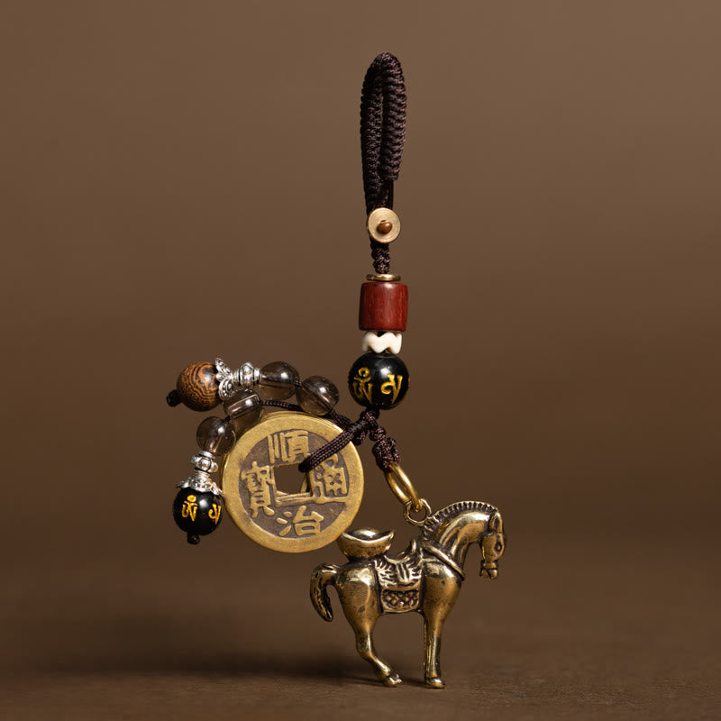 Wear FengShui Year Of The Horse Copper Brass Five-Emperor Coins Om Mani Padme Hum Protection Key Chain