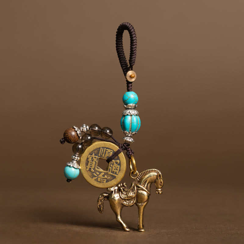 Wear FengShui Year Of The Horse Copper Brass Five-Emperor Coins Om Mani Padme Hum Protection Key Chain