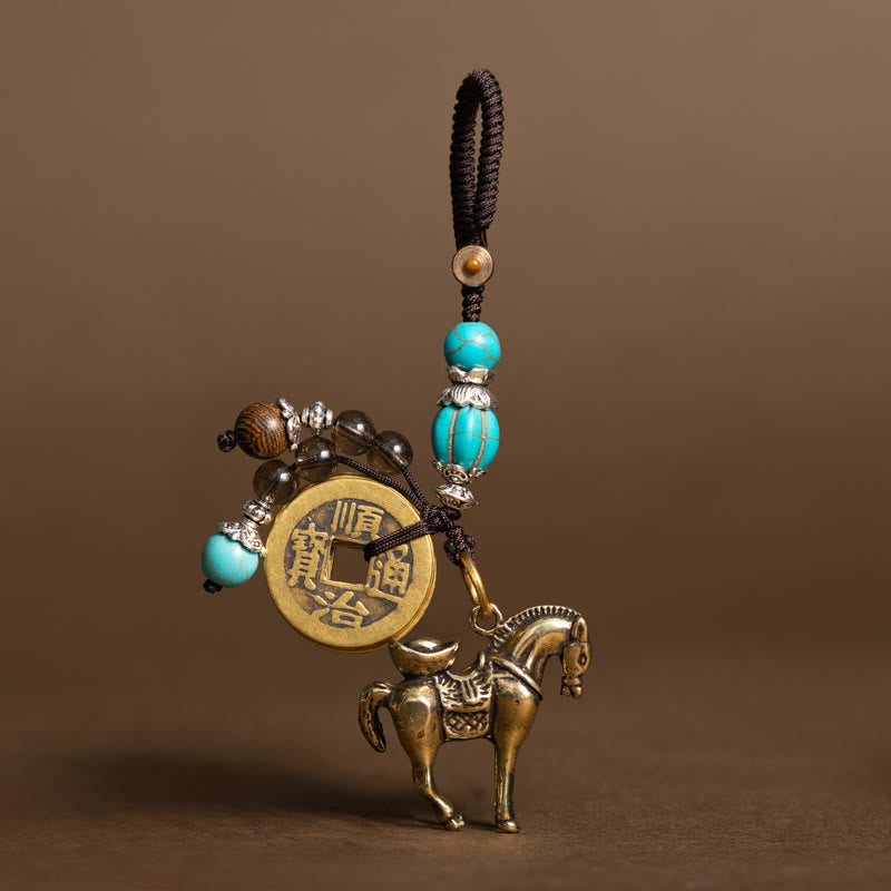 Wear FengShui Year Of The Horse Copper Brass Five-Emperor Coins Om Mani Padme Hum Protection Key Chain