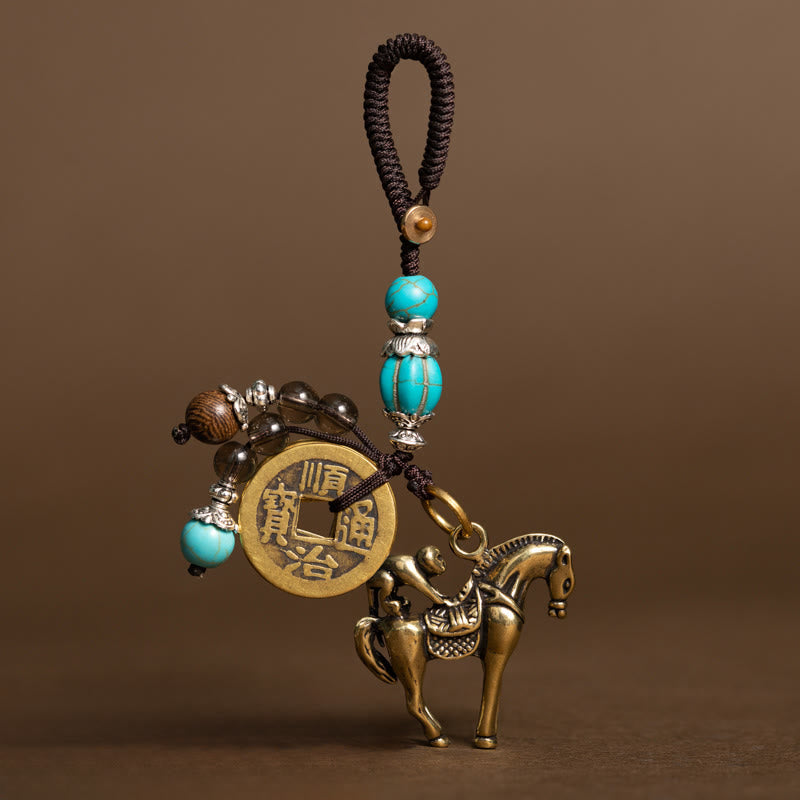 Wear FengShui Year Of The Horse Copper Brass Five-Emperor Coins Om Mani Padme Hum Protection Key Chain