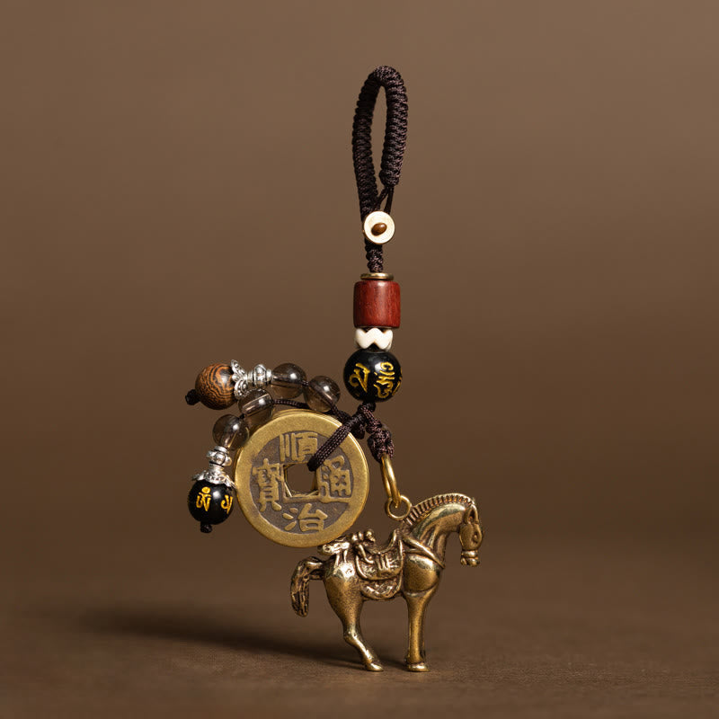 Wear FengShui Year Of The Horse Copper Brass Five-Emperor Coins Om Mani Padme Hum Protection Key Chain