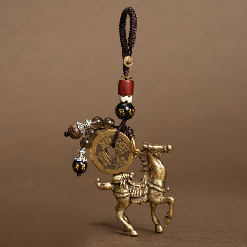 Wear FengShui Year Of The Horse Copper Brass Five-Emperor Coins Om Mani Padme Hum Protection Key Chain