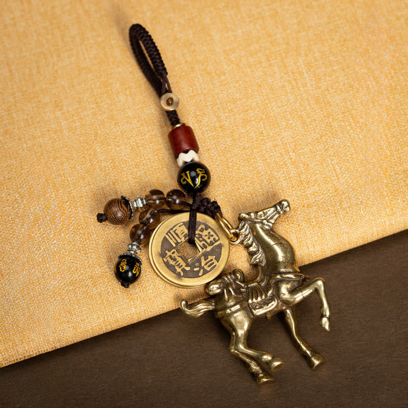 Wear FengShui Year Of The Horse Copper Brass Five-Emperor Coins Om Mani Padme Hum Protection Key Chain