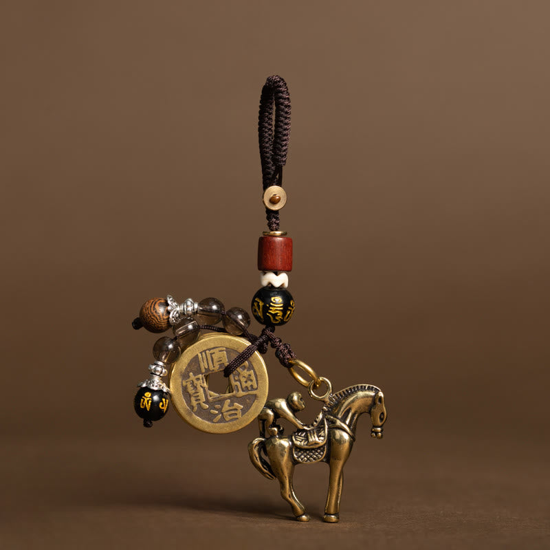 Wear FengShui Year Of The Horse Copper Brass Five-Emperor Coins Om Mani Padme Hum Protection Key Chain