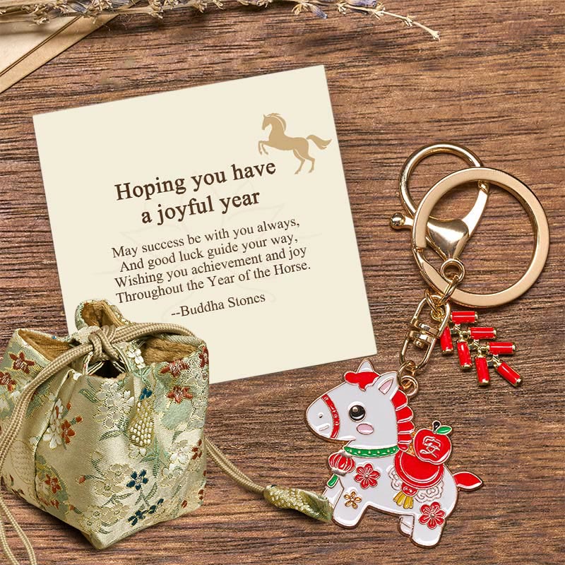 Wear FengShui "Hoping You Have a Joyful Year" Year of the Horse Ingot Red Firecrackers Alloy Key Chain Includes Gift Message Card