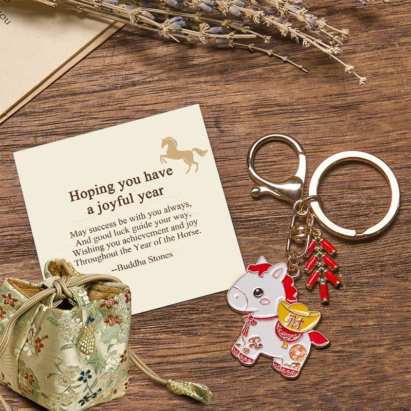 Wear FengShui "Hoping You Have a Joyful Year" Year of the Horse Ingot Red Firecrackers Alloy Key Chain Includes Gift Message Card
