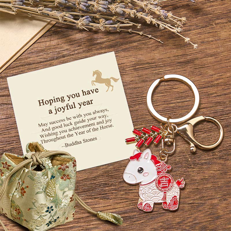 Wear FengShui "Hoping You Have a Joyful Year" Year of the Horse Ingot Red Firecrackers Alloy Key Chain Includes Gift Message Card