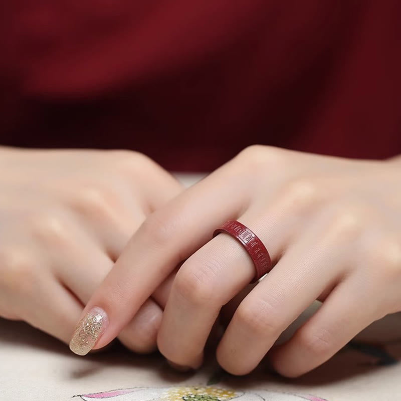 Wear FengShui Cinnabar Om Mani Padme Hum Heart Sutra Blessing Ring