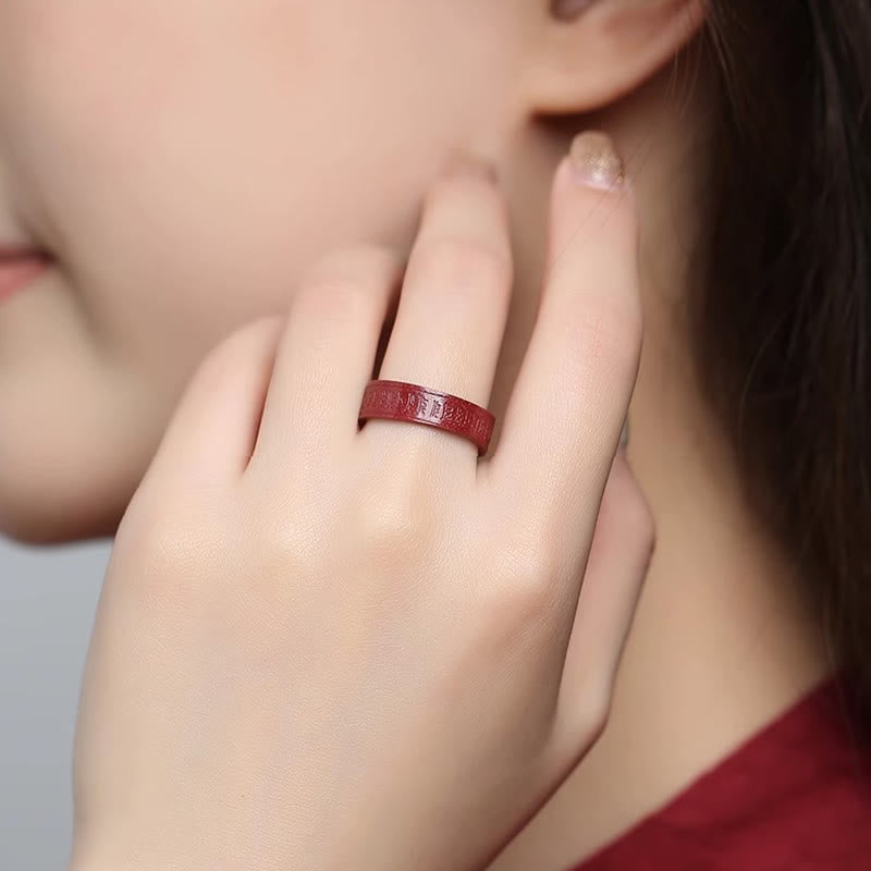 Wear FengShui Cinnabar Om Mani Padme Hum Heart Sutra Blessing Ring