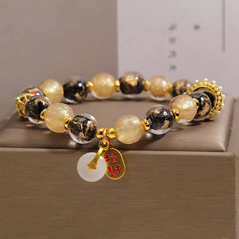 Wear FengShui Black Gold Liuli Glass Bead Attracts Wealth Peace Buckle Blessing Bracelet