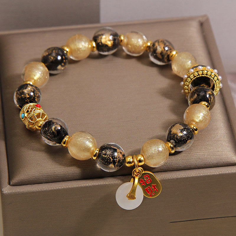 Wear FengShui Black Gold Liuli Glass Bead Attracts Wealth Peace Buckle Blessing Bracelet