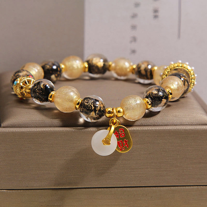 Wear FengShui Black Gold Liuli Glass Bead Attracts Wealth Peace Buckle Blessing Bracelet