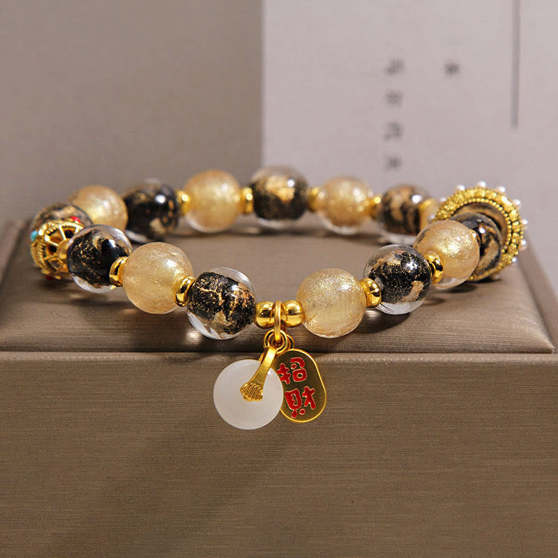 Wear FengShui Black Gold Liuli Glass Bead Attracts Wealth Peace Buckle Blessing Bracelet