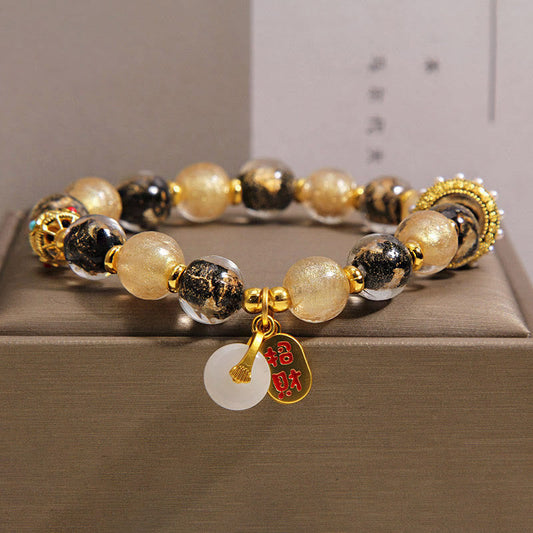 Wear FengShui Black Gold Liuli Glass Bead Attracts Wealth Peace Buckle Blessing Bracelet