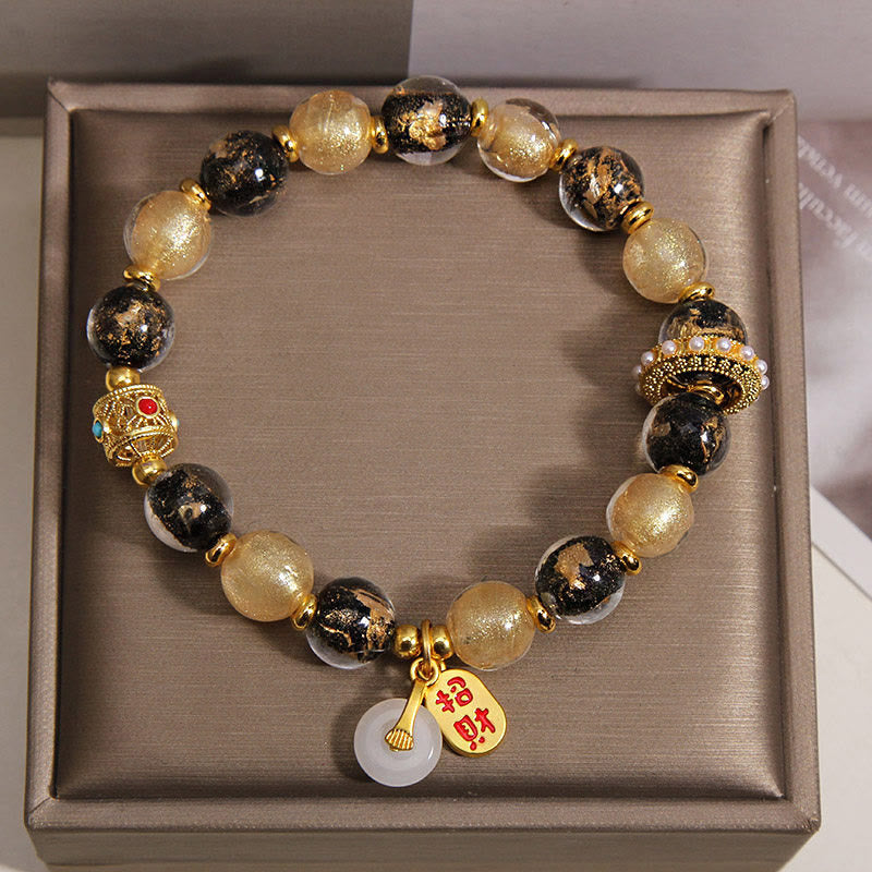 Wear FengShui Black Gold Liuli Glass Bead Attracts Wealth Peace Buckle Blessing Bracelet